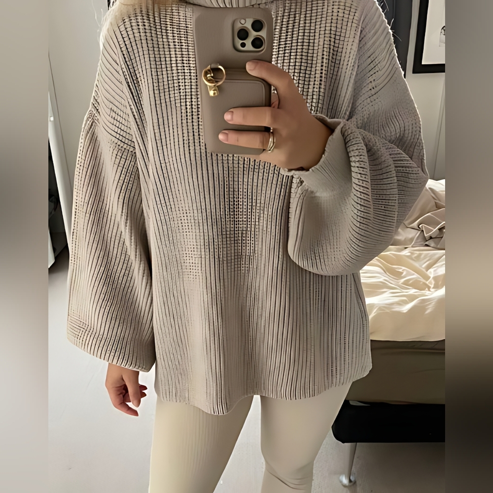 High-neck, off-the-shoulder ribbed knit sweater